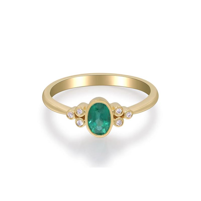 Emerald Oval &amp; Diamond Accent Bezel Cluster Ring in 10K Yellow Gold – Image 2 of 5