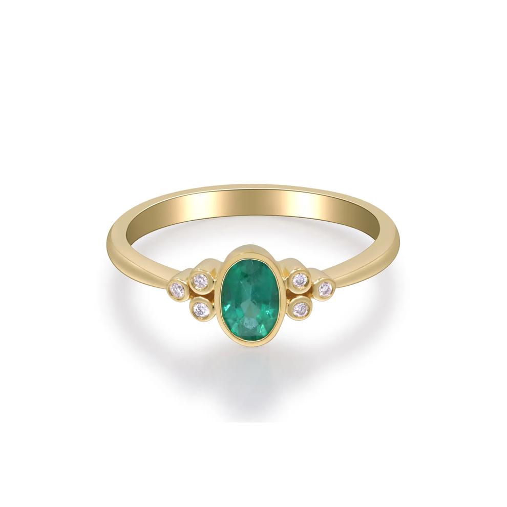 Emerald Oval &amp; Diamond Accent Bezel Cluster Ring in 10K Yellow Gold – Image 2 of 5