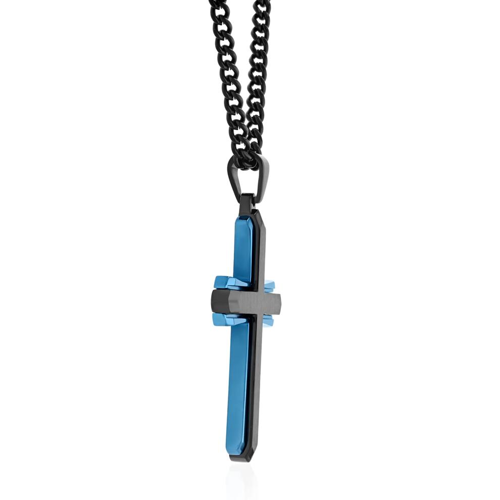 Cross Pendant in Black and Blue Ion-Plated Stainless Steel – Image 2 of 3