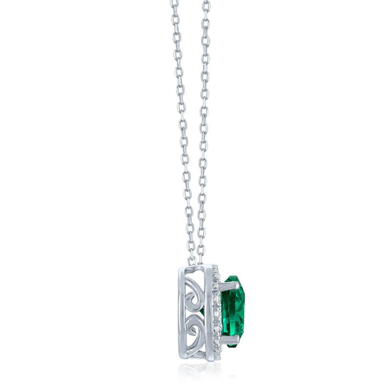 Lab-Created Emerald and Diamond Accent Halo Pendant in Sterling Silver – Image 2 of 3