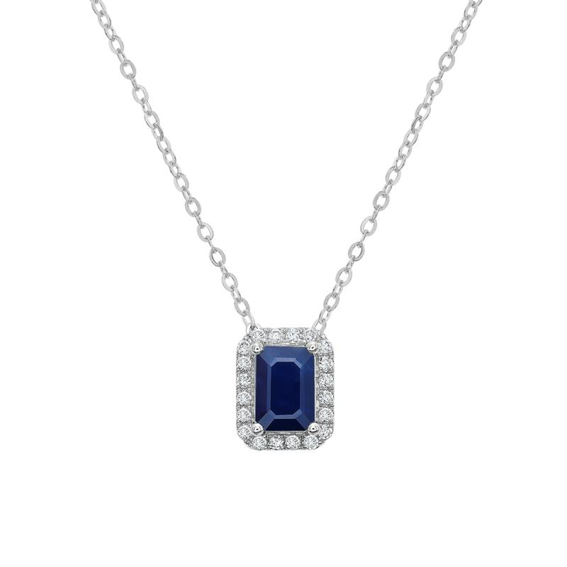 Blue Sapphire &amp; Diamond Halo Pendant Necklace in 14K White Gold &#40;1/10 ct. tw.&#41; – Image 1 of 4