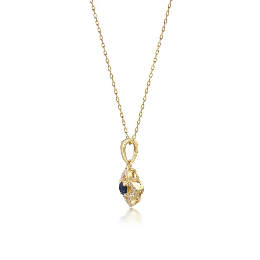 Blue Sapphire &amp; Diamond Clover Pendant Necklace in 10K Yellow Gold (1/10 ct. tw.) – Image 2 of 3