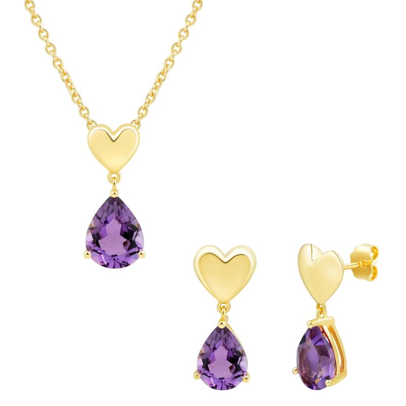 Amethyst Heart Drop Earring and Pendant Set in Vermeil – Image 1 of 6