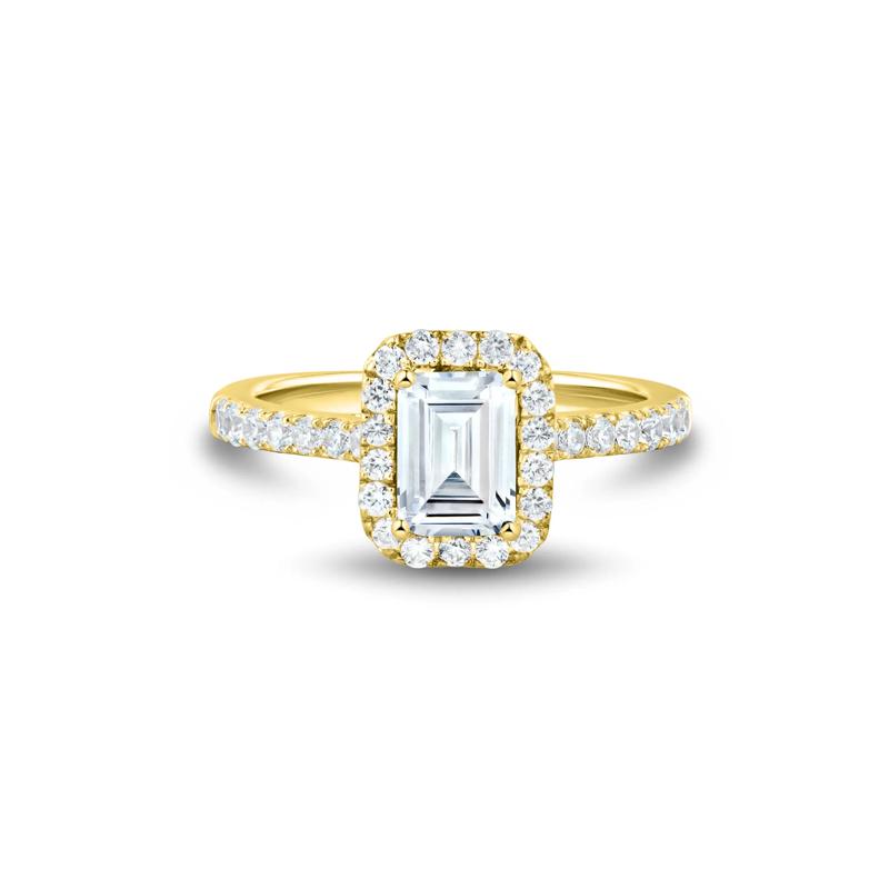 Lab Grown Diamond Emerald-Cut Halo Engagement Ring in 14K Yellow Gold &#40;1 1/2 ct. tw.&#41; – Image 1 of 3