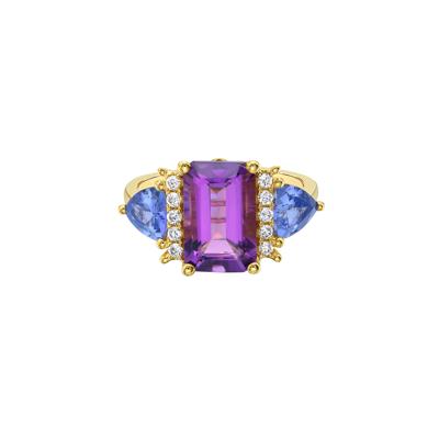 Tanzanite, Amethyst and Diamond Accent Ring in 10K Yellow Gold (1/7 ct. tw.)