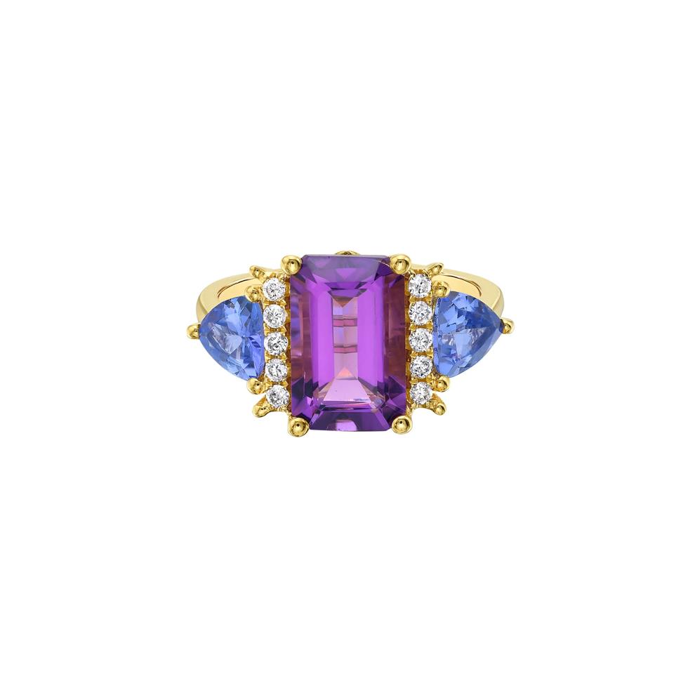 Tanzanite, Amethyst and Diamond Accent Ring in 10K Yellow Gold (1/7 ct. tw.) – Image 1 of 5