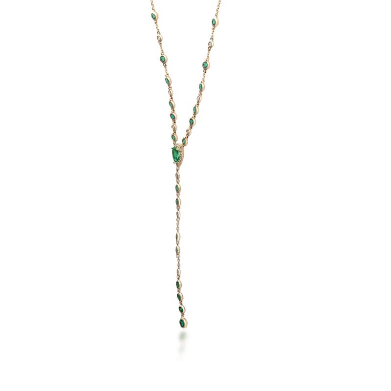 Bezel-Set Emerald and Diamond Drop Necklace in 14K Yellow Gold &#40;1/5 ct. tw.&#41; – Image 2 of 3