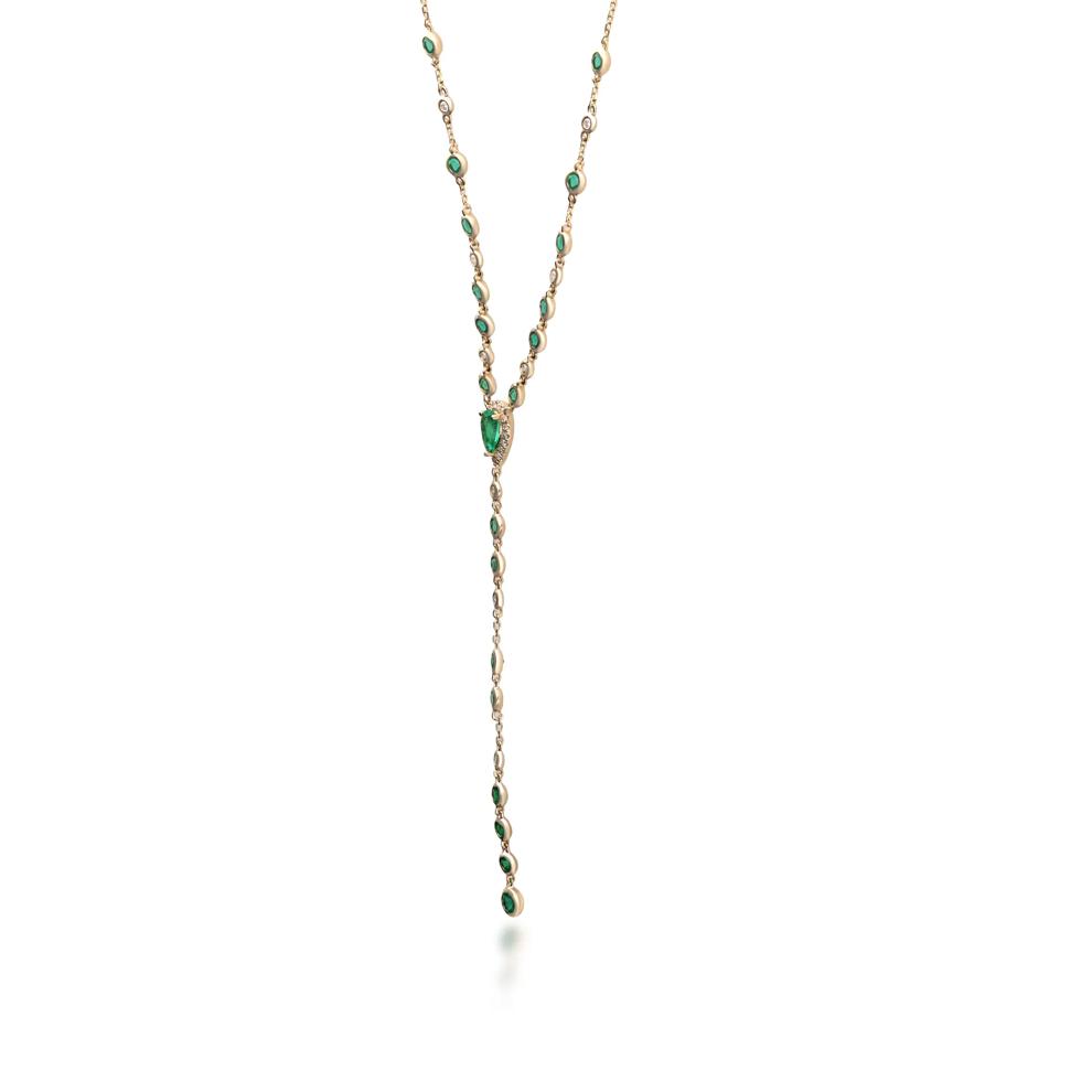 Bezel-Set Emerald and Diamond Drop Necklace in 14K Yellow Gold (1/5 ct. tw.) – Image 2 of 3