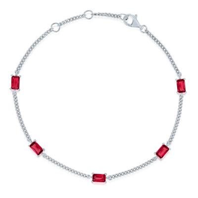 Lab-Created Ruby Mini Cuban Link Station Bracelet in Sterling Silver, 7.5"