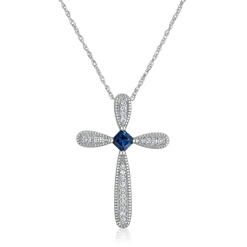 Blue Sapphire Cross Pendant in 14K White Gold &#40;1/10 ct. tw.&#41; – Image 1 of 3