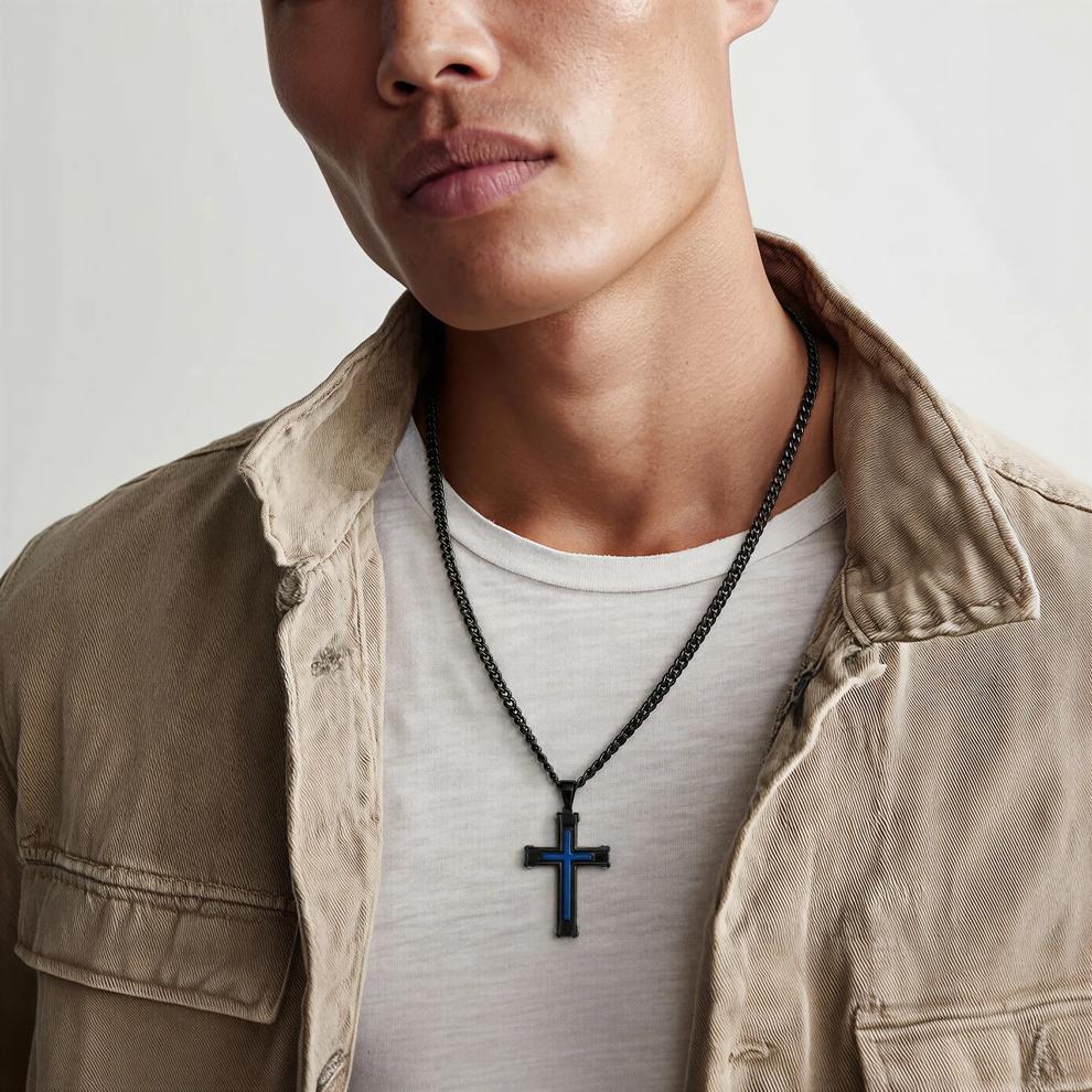 Men's Stainless Steel &amp; Blue Ion-Plated Cross Pendant – Image 4 of 4