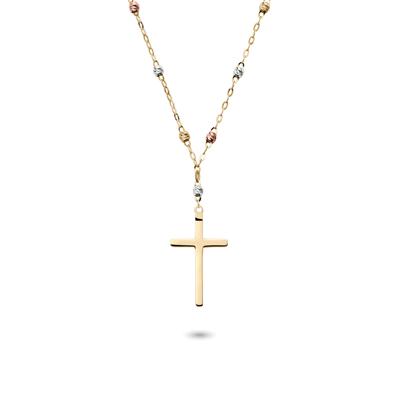 Tricolor Bead Cross Necklace in 14K Gold