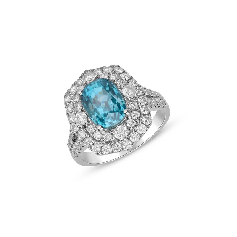 Oval Blue Zircon &amp; Diamond Double Halo Ring in 14K White Gold &#40;1 1/3 ct. tw.&#41; – Image 5 of 5