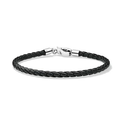 Men's Black Woven Leather Bracelet with Stainless Steel