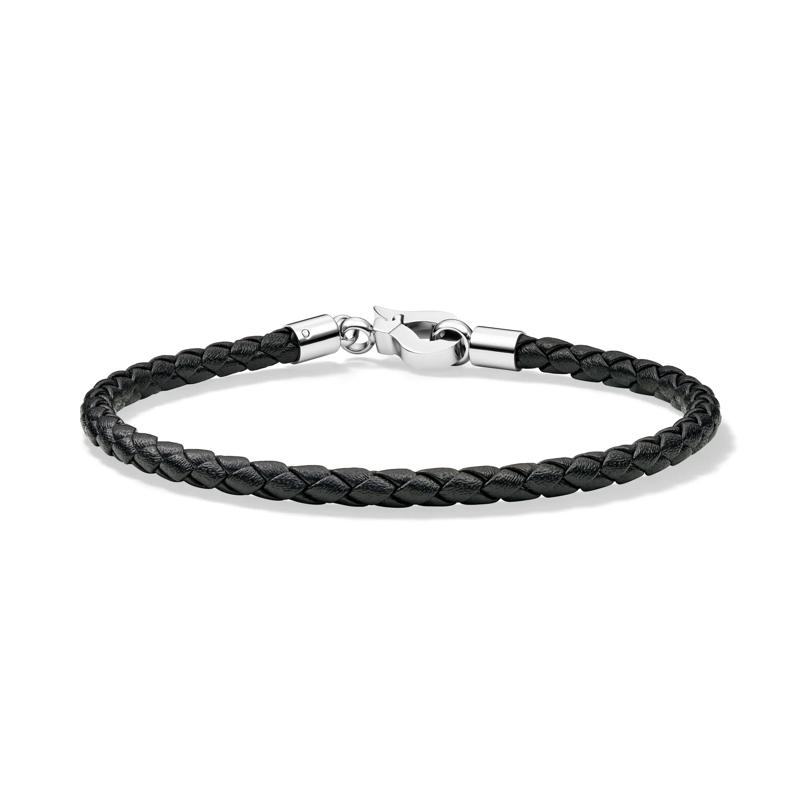 Men&#39;s Black Woven Leather Bracelet with Stainless Steel – Image 1 of 8