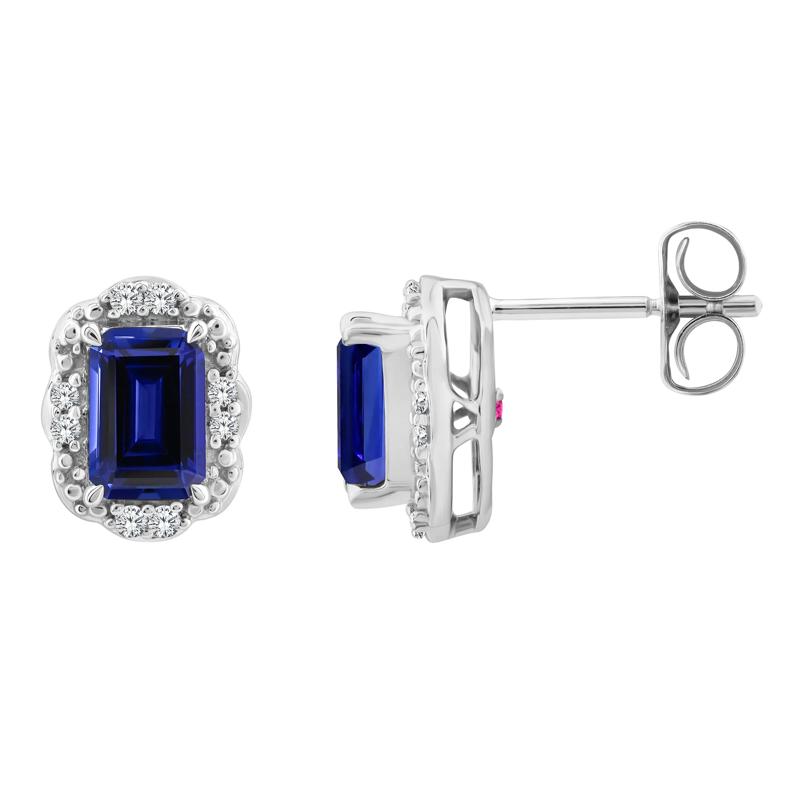 Emerald-Cut Blue Sapphire Halo Stud Earrings in 10K White Gold – Image 3 of 3