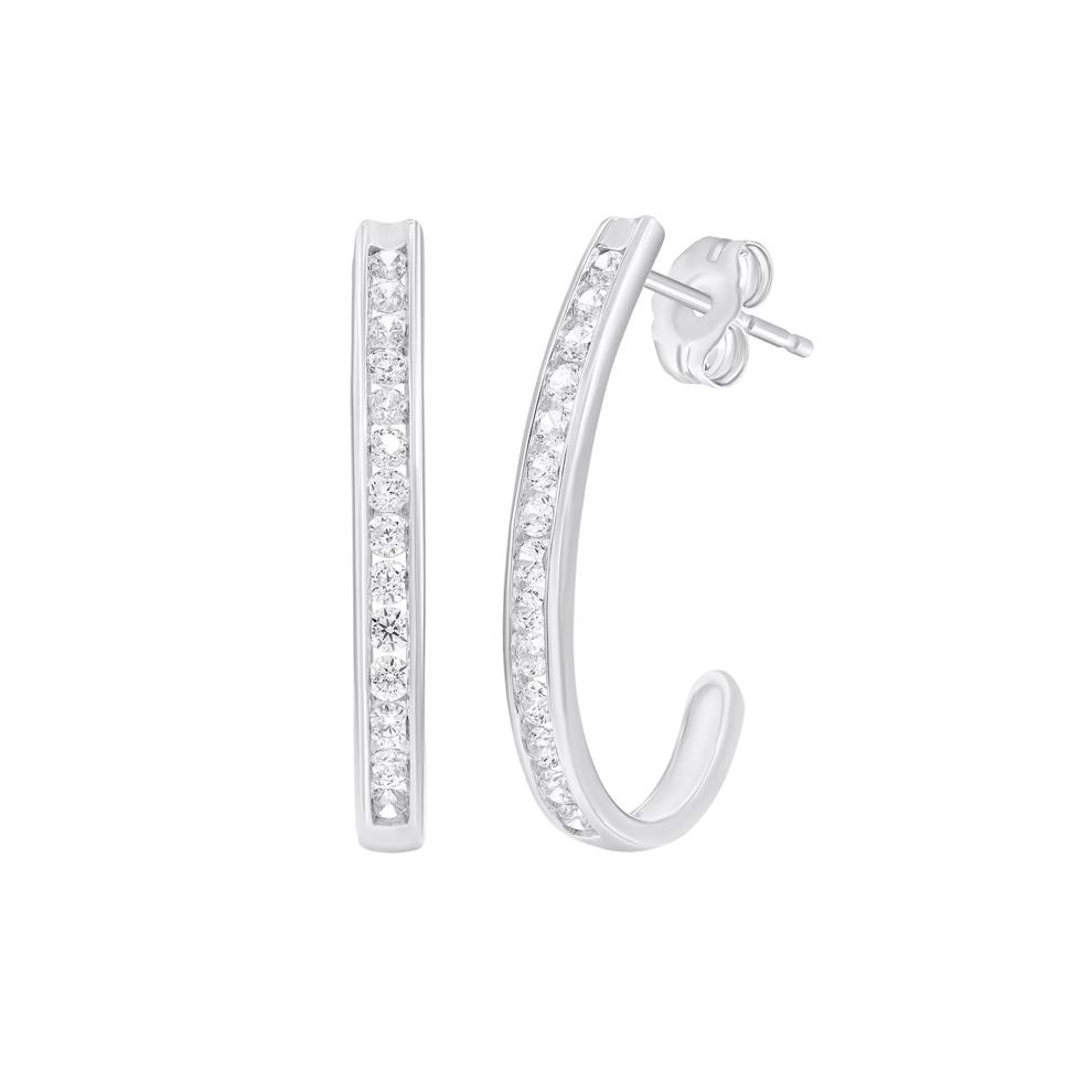Diamond Channel J-Hoop Earrings in 10K White Gold (1 ct. tw.) – Image 1 of 1