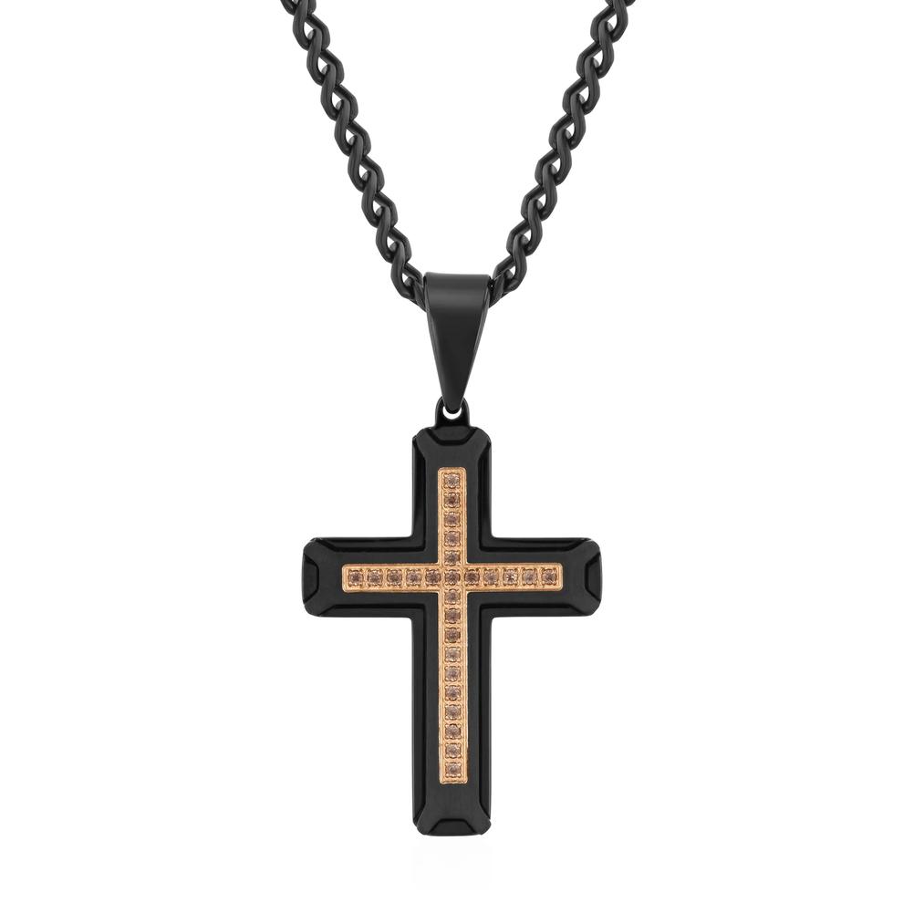 Men's Smoky Quartz Cross Pendant Necklace in Black &amp; Rose Ion-Plated Stainless Steel – Image 1 of 3