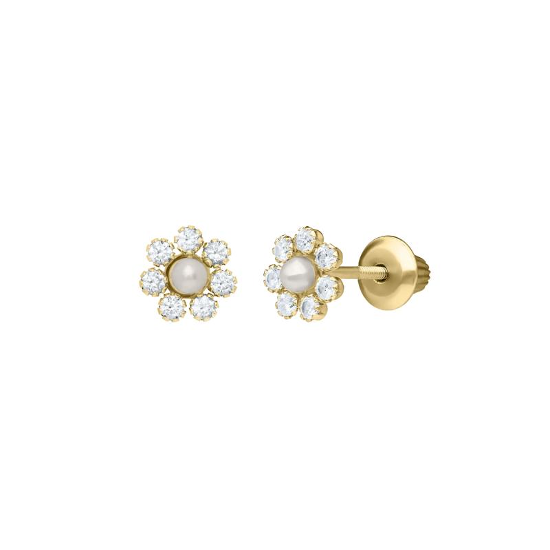 Children&#39;s Cultured Pearl and Cubic Zirconia Flower Earrings in 14K Yellow Gold – Image 1 of 1