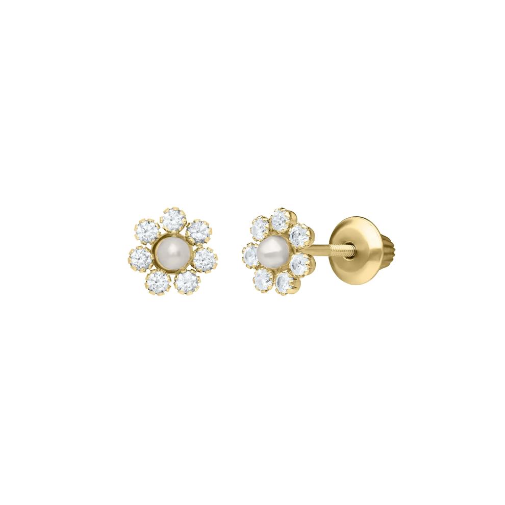 Children's Cultured Pearl and Cubic Zirconia Flower Earrings in 14K Yellow Gold – Image 1 of 1