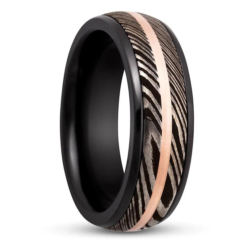 Men&#39;s Band in Zirconium, Damascus Steel &amp; 14K Rose Gold, 7MM – Image 2 of 3