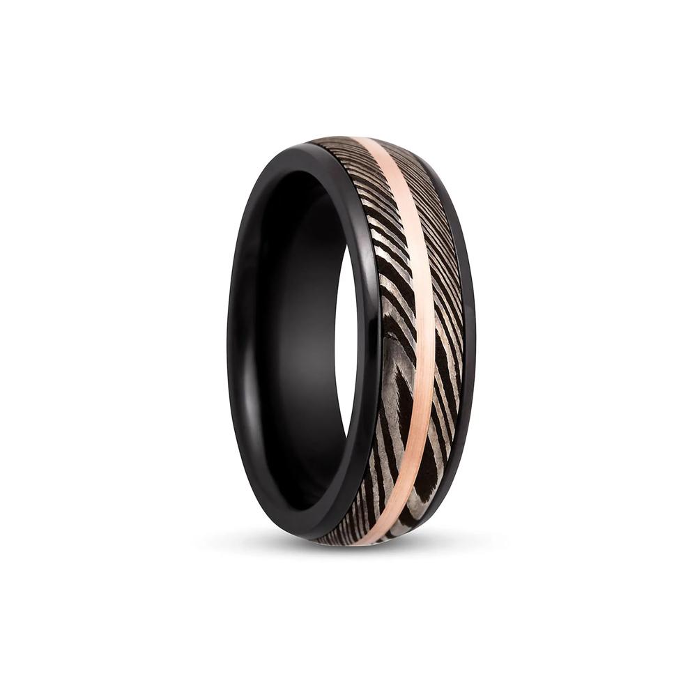 Men's Band in Zirconium, Damascus Steel &amp; 14K Rose Gold, 7MM – Image 2 of 3
