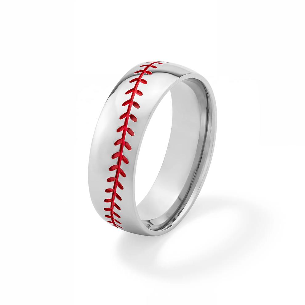 Men's Domed Baseball Pattern Band in Titanium, 8mm – Image 4 of 4