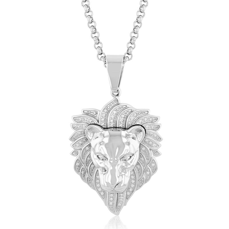 Diamond Lion Head Pendant in Stainless Steel &#40;1/4 ct. tw.&#41; – Image 1 of 3