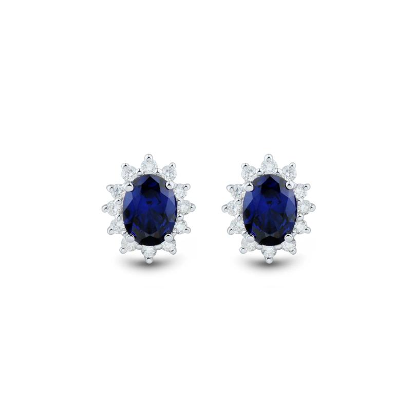 Lab-Created Blue Sapphire and Lab Grown Diamond Halo Earrings in 10K White Gold &#40;1/2 ct. tw.&#41; – Image 2 of 2