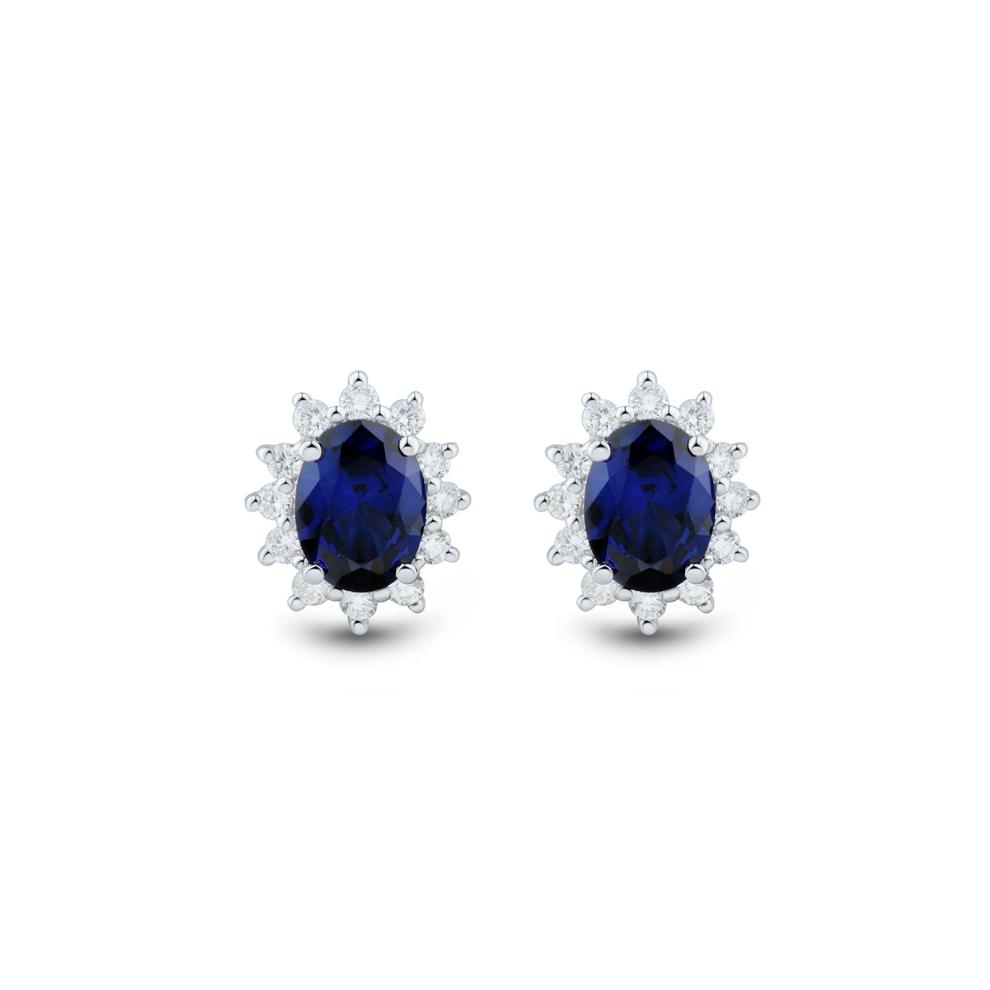 Lab-Created Blue Sapphire and Lab Grown Diamond Halo Earrings in 10K White Gold (1/2 ct. tw.) – Image 2 of 2