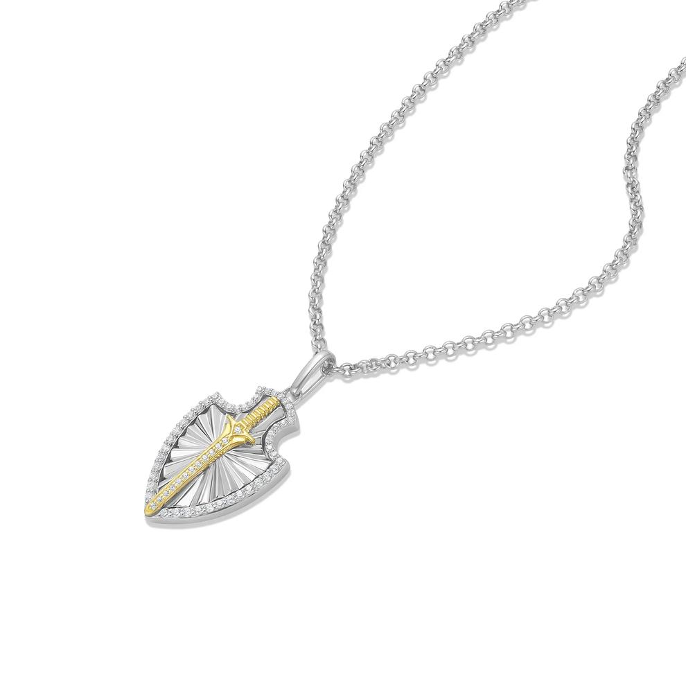 Men's Diamond Shield &amp; Sword Pendant Necklace in Sterling Silver &amp; 10K Yellow Gold (1/3 ct. tw.) – Image 3 of 4