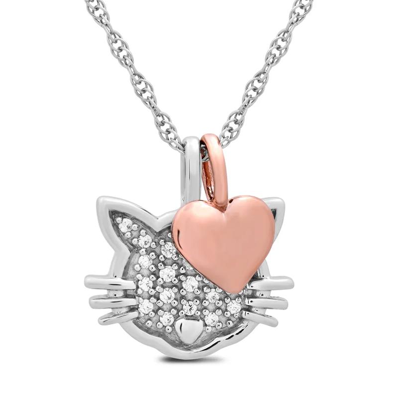 Diamond Cat Necklace with 10K Rose Gold Heart in Sterling Silver (1/10 ct. tw.) – Image 2 of 3
