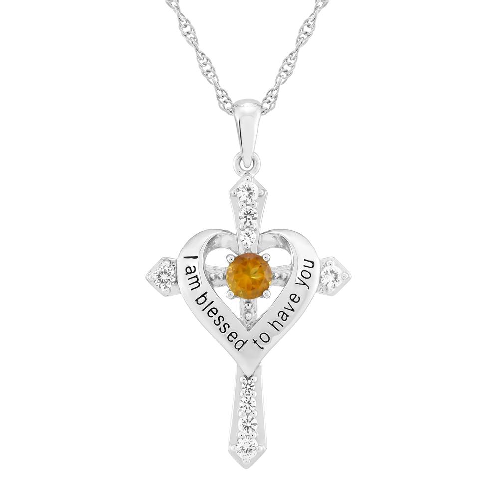 I Am Blessed to Have You Citrine and Lab-Created White Sapphire Cross Pendant in Sterling Silver – Image 1 of 3