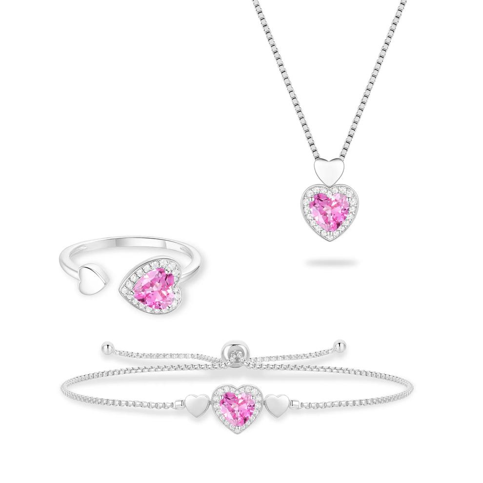 Lab-Created Pink Sapphire &amp; Lab-Created White Sapphire Heart Pendant, Bracelet, &amp; Ring Boxed Set in Sterling Silver – Image 1 of 4
