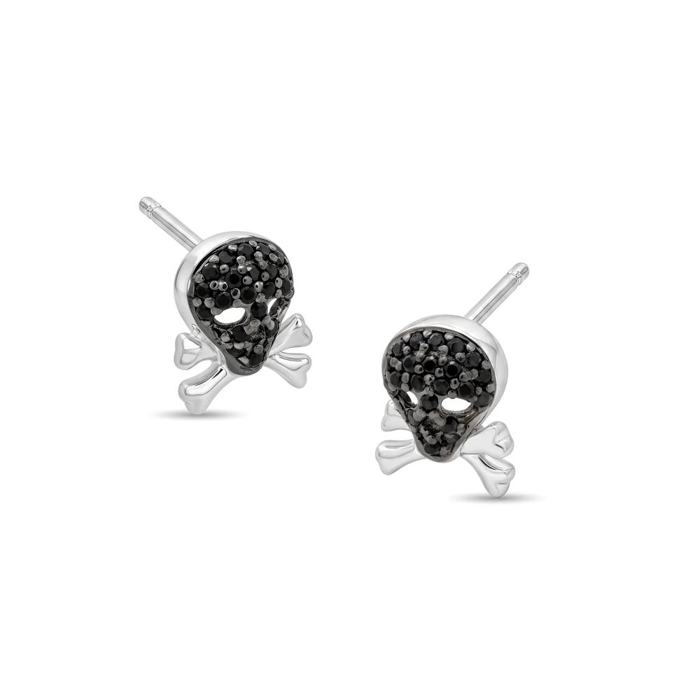 Black Diamond Skull Stud Earrings in Sterling Silver (1/8 ct. tw.) – Image 1 of 2