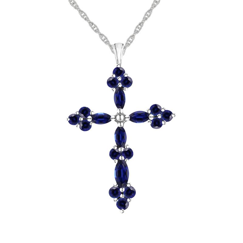 Lab-Created Blue Sapphire Cross Pendant in Sterling Silver – Image 1 of 3