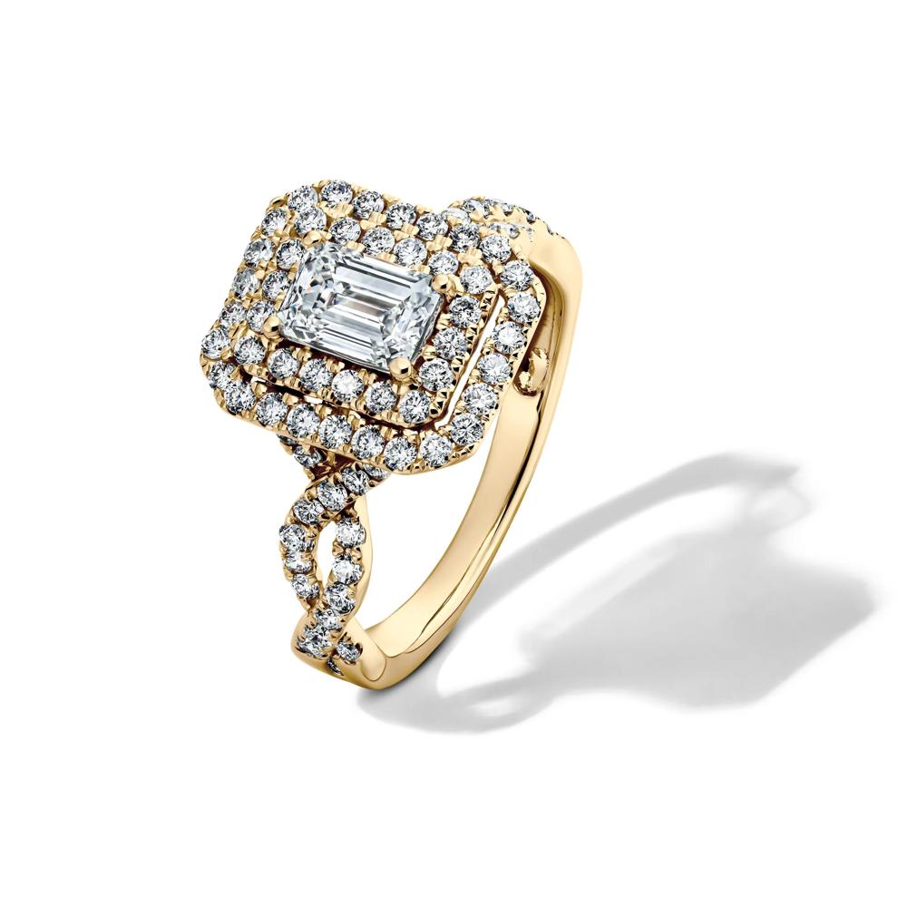 Lab Grown Diamond Emerald-Cut Halo Engagement Ring in 14K Yellow Gold (1 1/2 ct. tw.) – Image 4 of 4