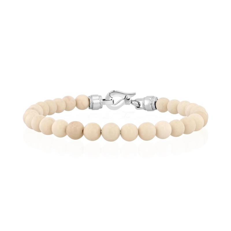 Men&#39;s Cream Jasper Bead Bracelet in Stainless Steel – Image 1 of 5