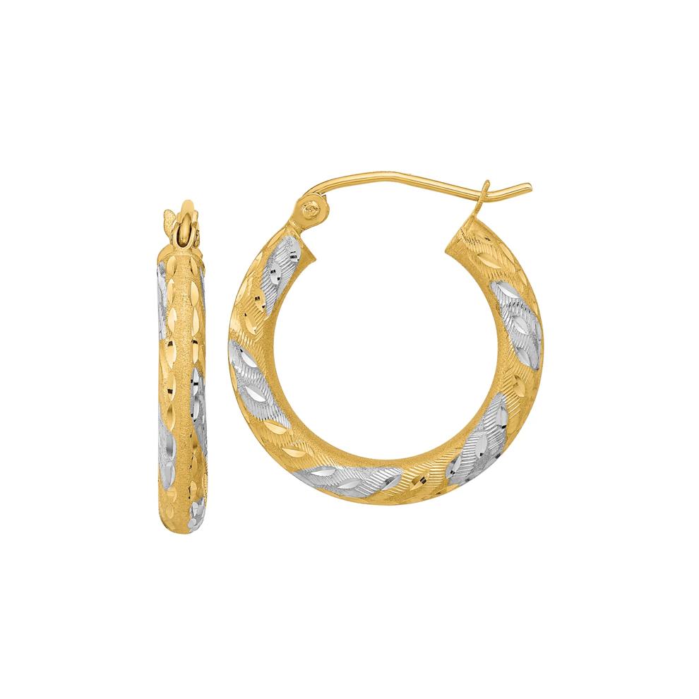 Satin Diamond-Cut Hoop Earrings with White Rhodium Accents in 14K Yellow Gold – Image 1 of 1
