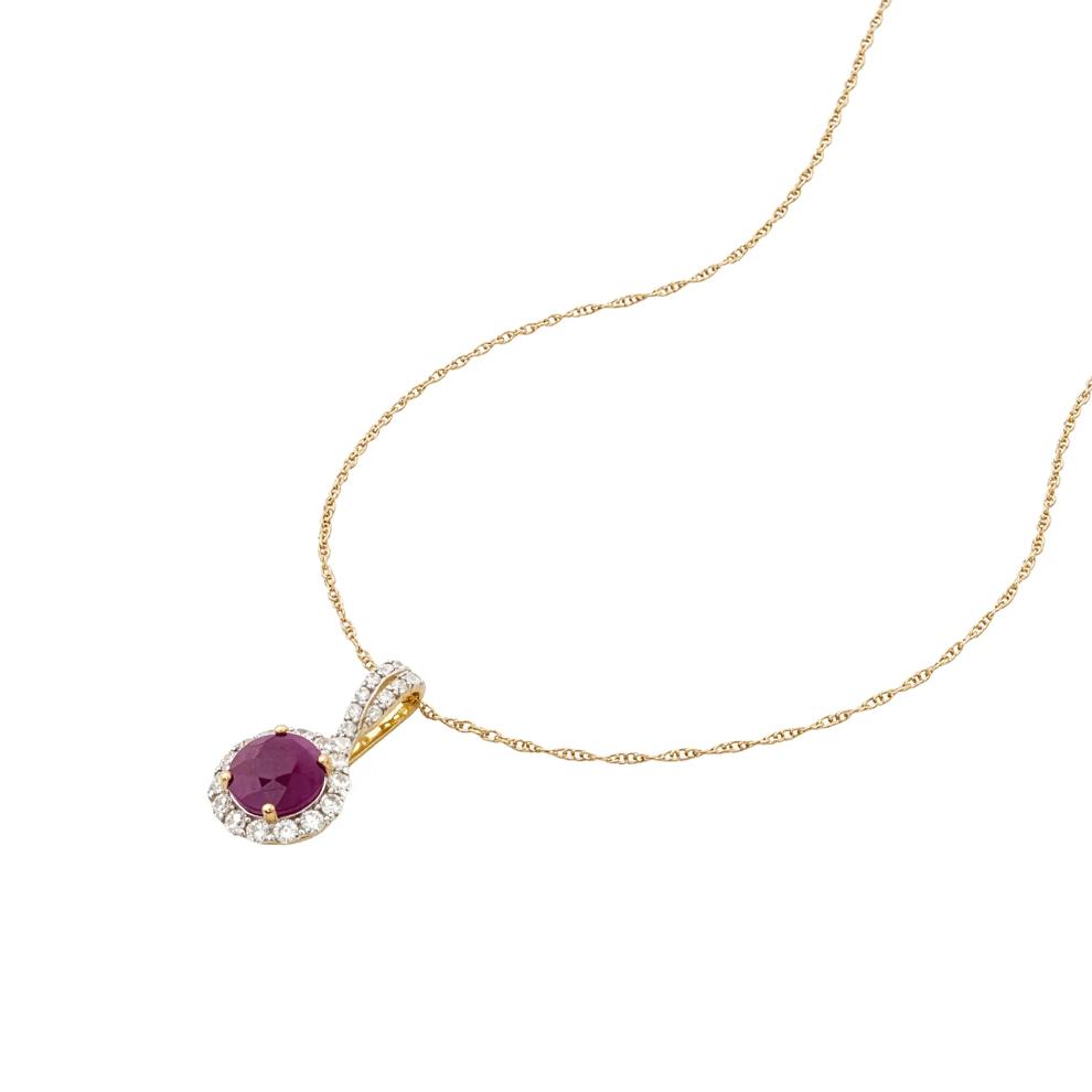 Ruby &amp; Diamond Twist Bale Halo Pendant Necklace in 10K Yellow Gold (1/3 ct. tw.) – Image 4 of 4