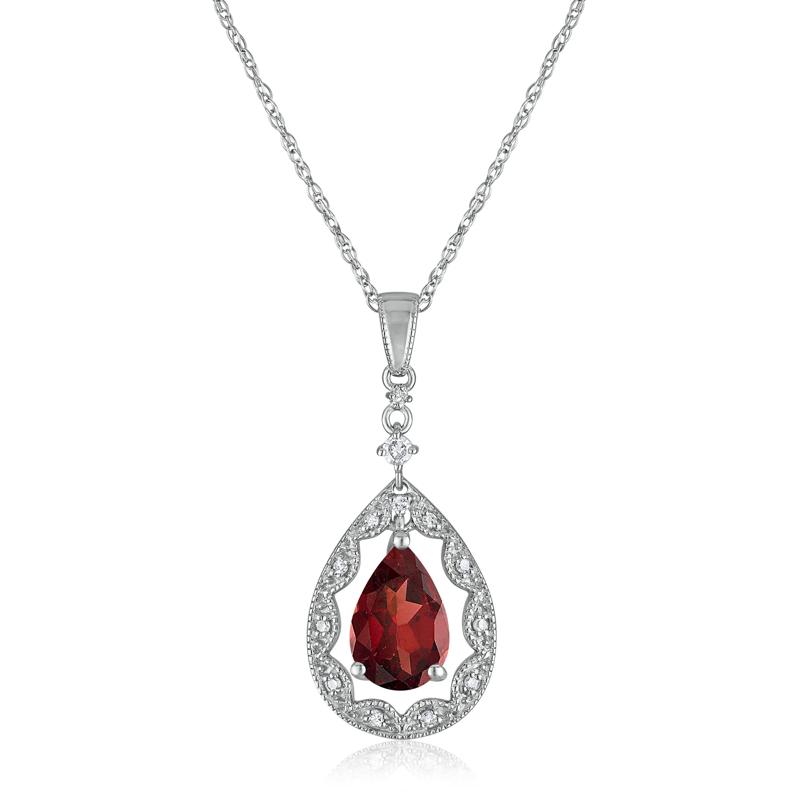 Pear-Shaped Garnet and Diamond Accent Necklace in 14K White Gold – Image 1 of 3