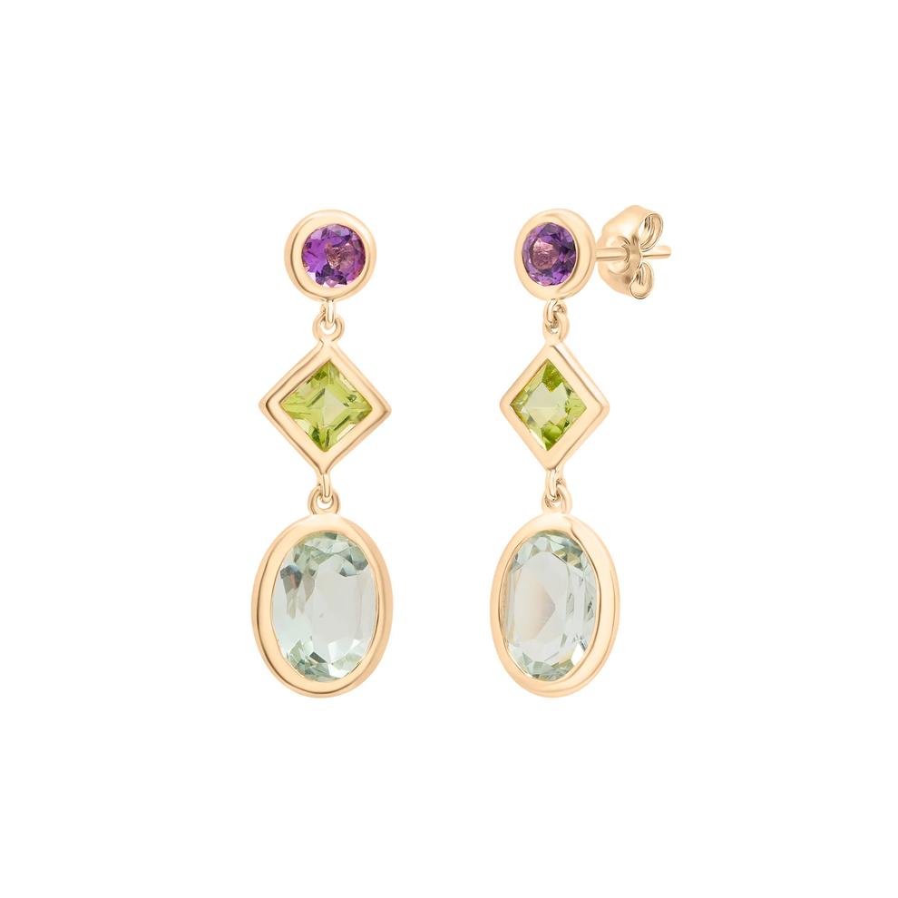 Peridot, Green Amethyst and Purple Amethyst Drop Earrings in 10K Yellow Gold – Image 1 of 1