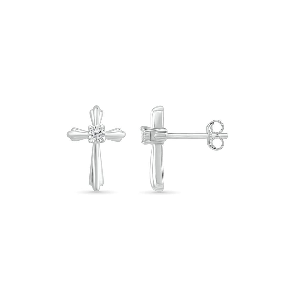 Cross Stud Earrings with Diamond Accents in Sterling Silver – Image 2 of 3