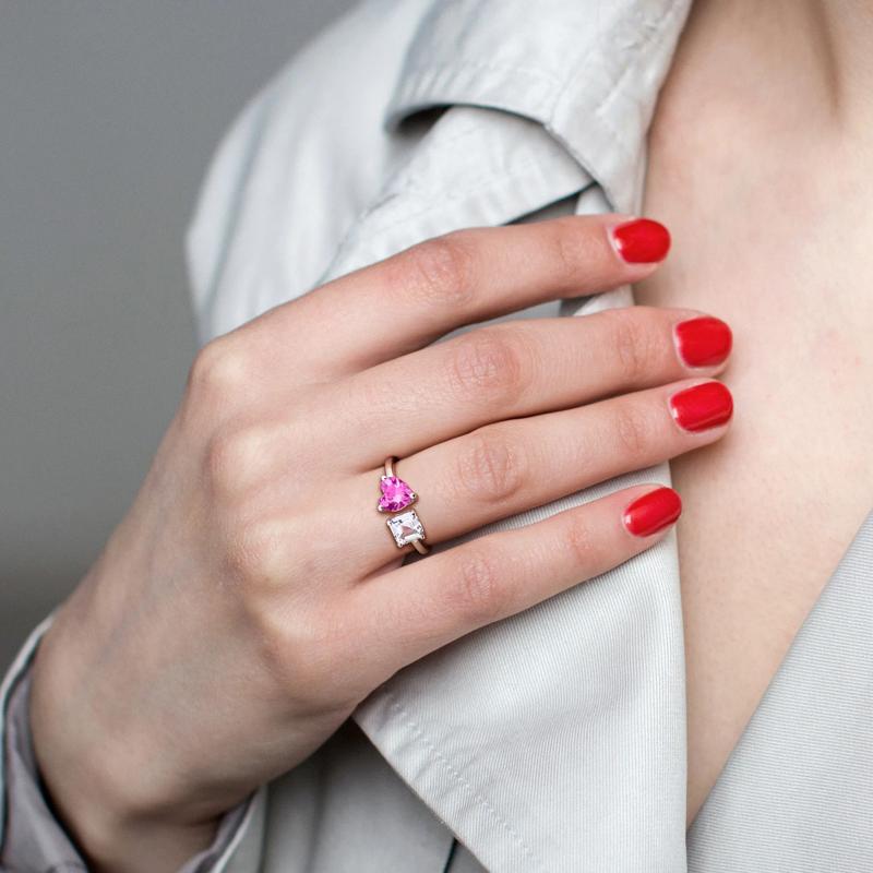 Lab-Created Pink Sapphire &amp; Lab-Created White Sapphire Toi et Moi Heart Ring in Sterling Silver – Image 5 of 6