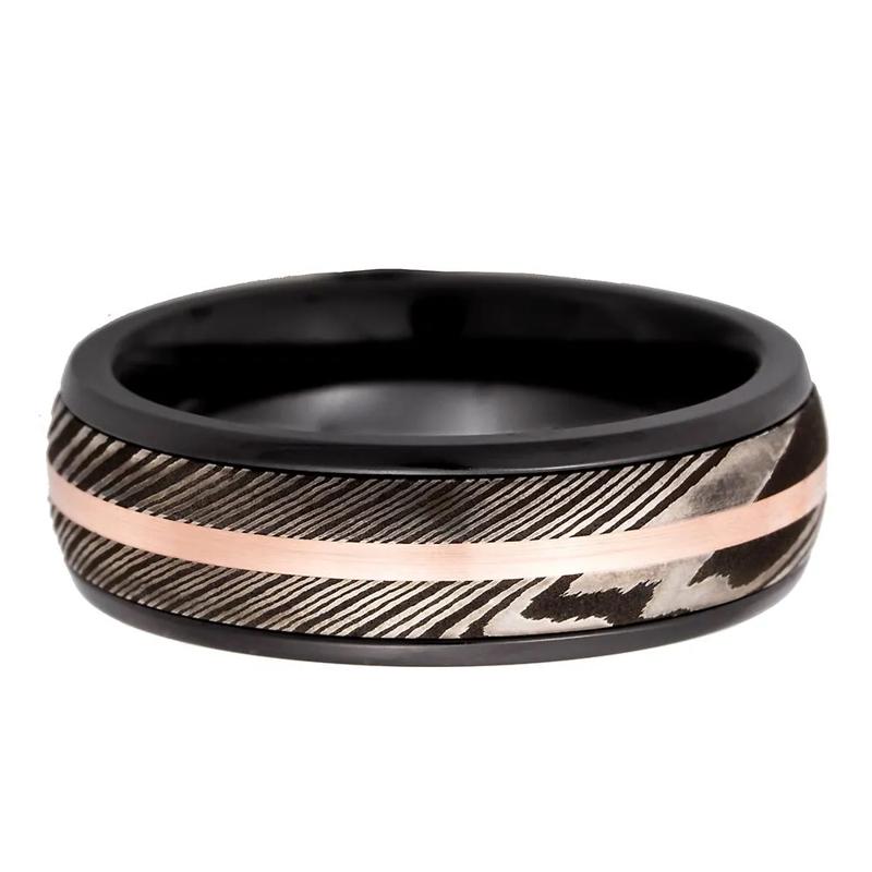 Men&#39;s Band in Zirconium, Damascus Steel &amp; 14K Rose Gold, 7MM – Image 1 of 3