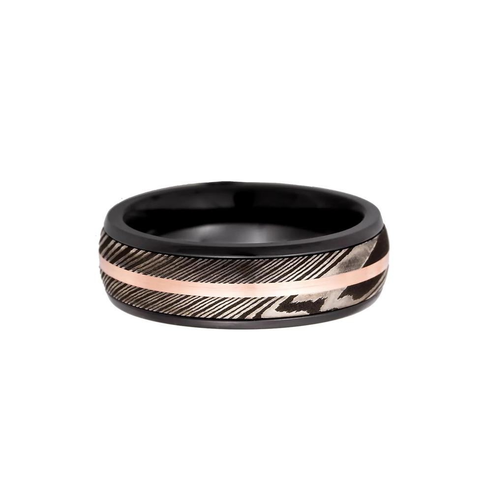 Men's Band in Zirconium, Damascus Steel &amp; 14K Rose Gold, 7MM – Image 1 of 3