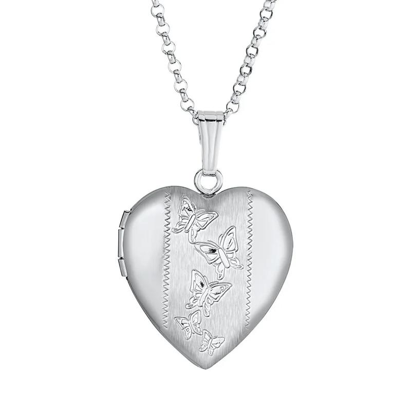 Engraved Butterfly Heart Locket Pendant in Sterling Silver – Image 1 of 1