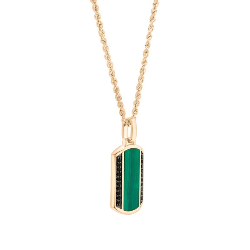 Men&#39;s Green Malachite and Black Diamond Dog Tag Pendant in 10K Yellow Gold &#40;1/3 ct. tw.&#41; – Image 4 of 4