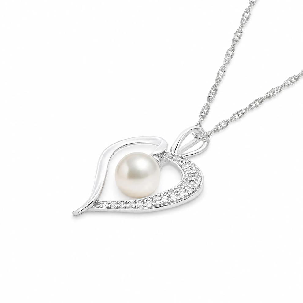 Freshwater Cultured Pearl &amp; Lab-Created White Sapphire Heart Pendant Necklace in Sterling Silver – Image 4 of 4