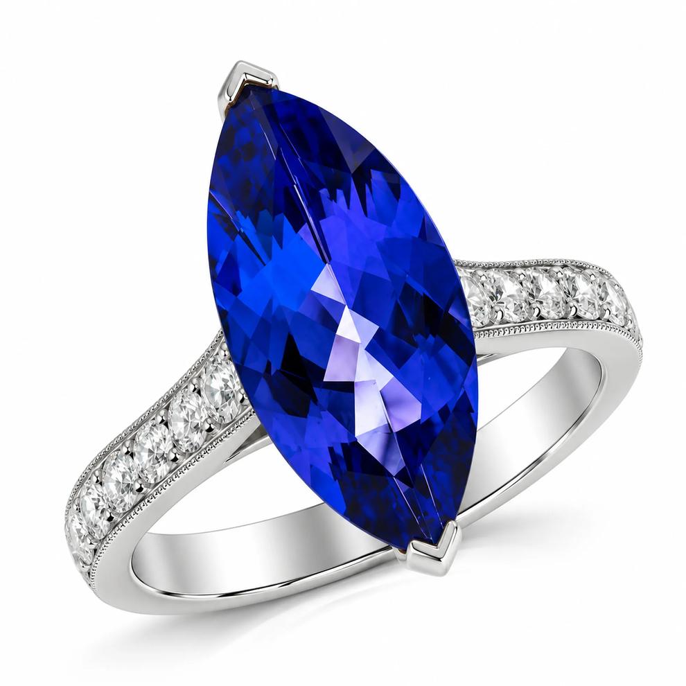 Marquise Tanzanite &amp; Round Diamond Ring in 18K White Gold (3/8 ct. tw.) – Image 4 of 4